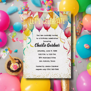 Invitación Con Relieve Metalizado Globos de cumpleaños de acuarela Coloridos