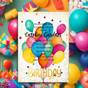 Invitación Con Relieve Metalizado Globos de cumpleaños de acuarela Coloridos