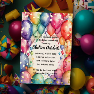 Invitación Con Relieve Metalizado Globos de cumpleaños de acuarela Coloridos