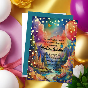 Invitación Con Relieve Metalizado Globos de cumpleaños de acuarela paisaje de fantas