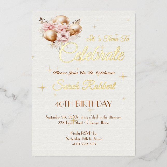 Invitación Con Relieve Metalizado Globos de cumpleaños oro real (Anverso)