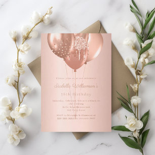 Invitación Con Relieve Metalizado Globos de oro rosa cumpleaños de lujo