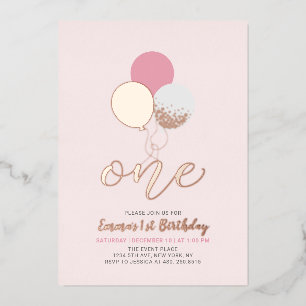 Invitación Con Relieve Metalizado Globos rosados y dorados Cumpleaños de una niña