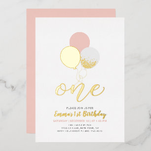 Invitación Con Relieve Metalizado Globos rosados y dorados   Cumpleaños de una niña 