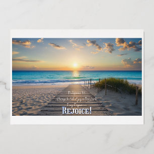 Invitación Con Relieve Metalizado Gloriosa imagen de playa con Filipenses 4:4 ¡Regoc
