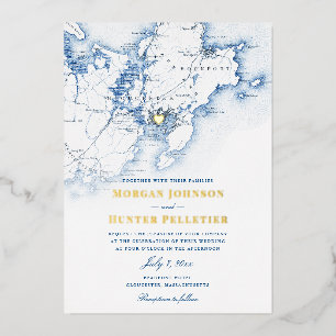 Invitación Con Relieve Metalizado Gloucester Cape Ann Boda Elegante Marina y Oro