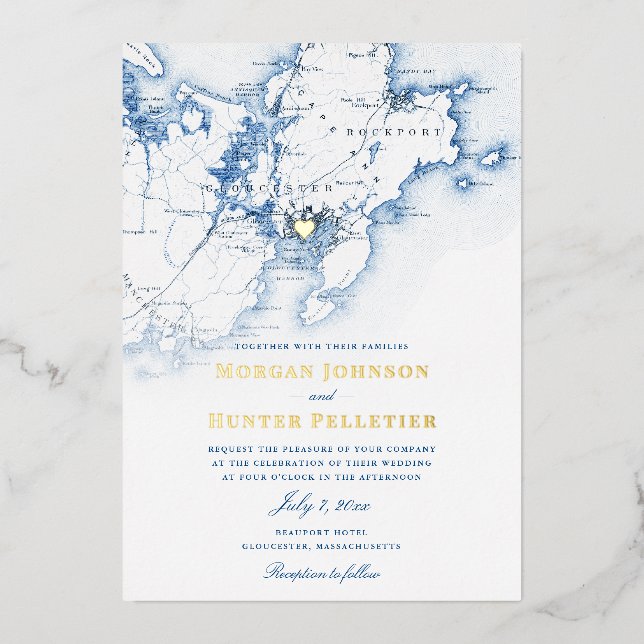 Invitación Con Relieve Metalizado Gloucester Cape Ann Boda Elegante Marina y Oro (Anverso)