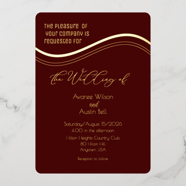 Invitación Con Relieve Metalizado Gold and Burgundy Minimalist Wedding Invitation (Anverso)