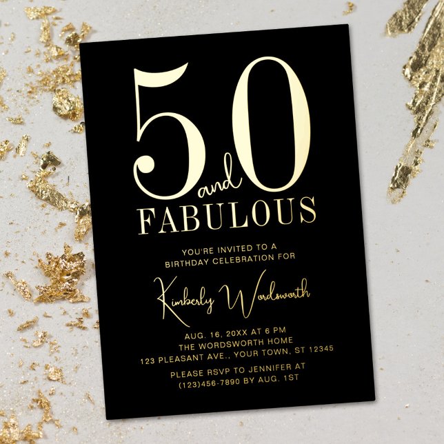 Invitación Con Relieve Metalizado Gold Black Fifty and Fabulous 50th Birthday Party (Subido por el creador)