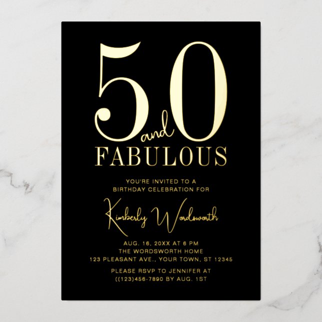 Invitación Con Relieve Metalizado Gold Black Fifty and Fabulous 50th Birthday Party (Anverso)