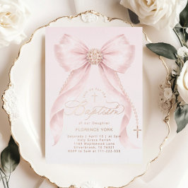 Invitación Con Relieve Metalizado Gold Blush Pink Bow Girl Baptism Christian