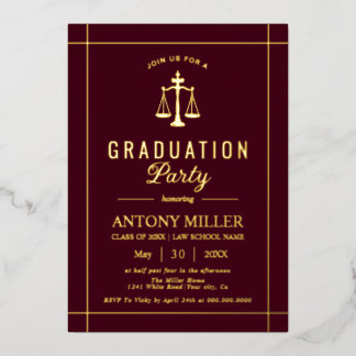 Invitación Con Relieve Metalizado Gold burgundy law school graduation Class Of 2026 