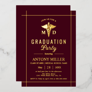 Invitación Con Relieve Metalizado Gold caduceus Class Of 2026 burgundy graduation