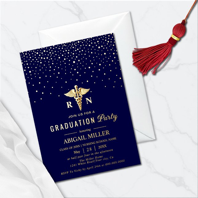 Invitación Con Relieve Metalizado Gold caduceus & confetti Class Of 2026 graduation (Subido por el creador)