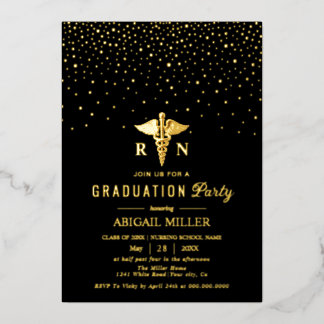 Invitación Con Relieve Metalizado Gold caduceus on black Class Of 2026 graduation 