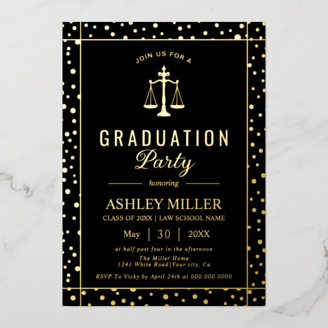 Invitación Con Relieve Metalizado Gold confetti law school graduation Class Of 2026 (Anverso)