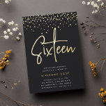 Invitación Con Relieve Metalizado Gold Confetti Sweet Dieciséis cumpleaños<br><div class="desc">Celebre su cumpleaños con estas invitaciones de la fiesta de cumpleaños número 16 de la moda, que incluyen "dieciséis" en letras de guión esbozadas a mano de Relieve metalizado oro moderno y coronadas con confetti. Personalice con los detalles de su fiesta debajo. Una elección inolvidable y de lujo para fabulosas...</div>