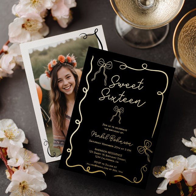 Invitación Con Relieve Metalizado Gold Coquette bows ribbons illustrations Sweet 16 (Gold Coquette bows ribbons illustrations Sweet 16 Foil Invitation)