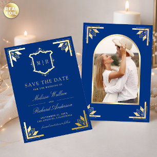 Invitación Con Relieve Metalizado Gold Crest Royal Blue Boda Save the Date