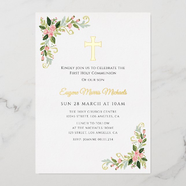 Invitación Con Relieve Metalizado Gold cross floral first communion invitation foil  (Anverso)