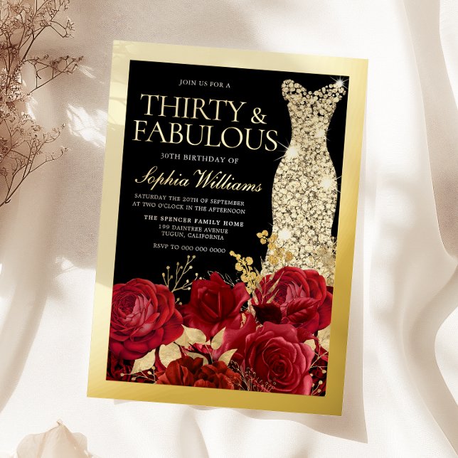 Invitación Con Relieve Metalizado Gold Dress Red Roses 30th Birthday Gold (Subido por el creador)