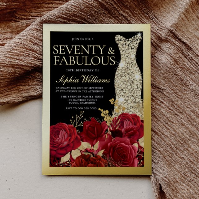 Invitación Con Relieve Metalizado Gold Dress Red Roses 70th Birthday Gold (Subido por el creador)
