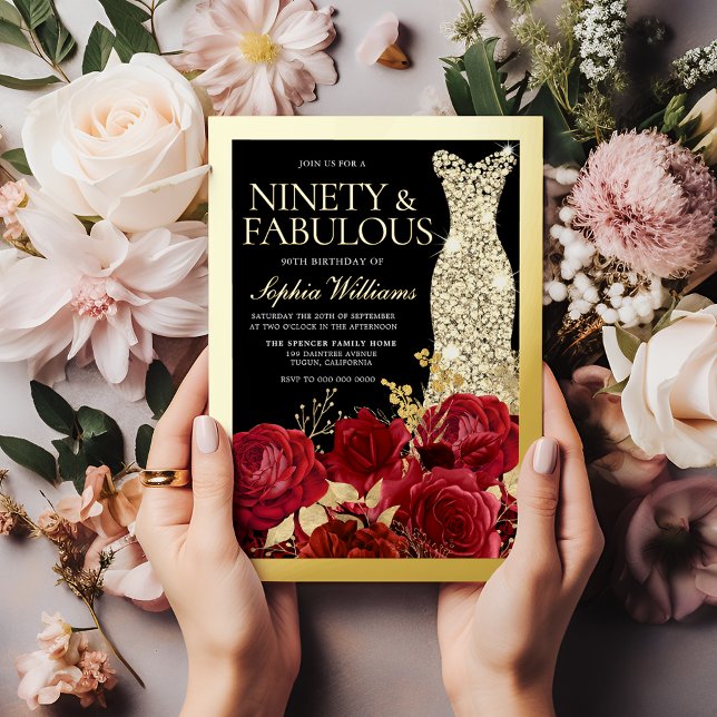 Invitación Con Relieve Metalizado Gold Dress, Red Roses Ninety 90th Birthday Gold (Subido por el creador)