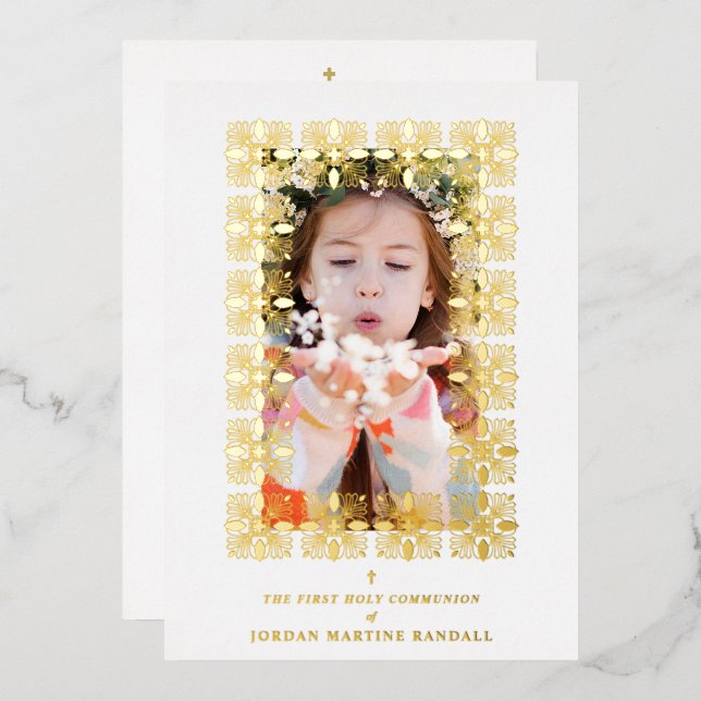 Invitación Con Relieve Metalizado Gold Fancy Ornament Lace Effect Modern Photo (Anverso/Reverso)