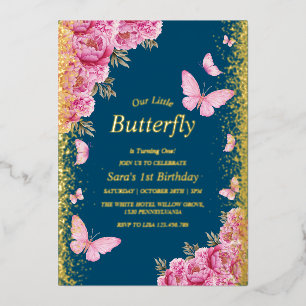 Invitación Con Relieve Metalizado Gold First Birthday Pink Butterflies Blue