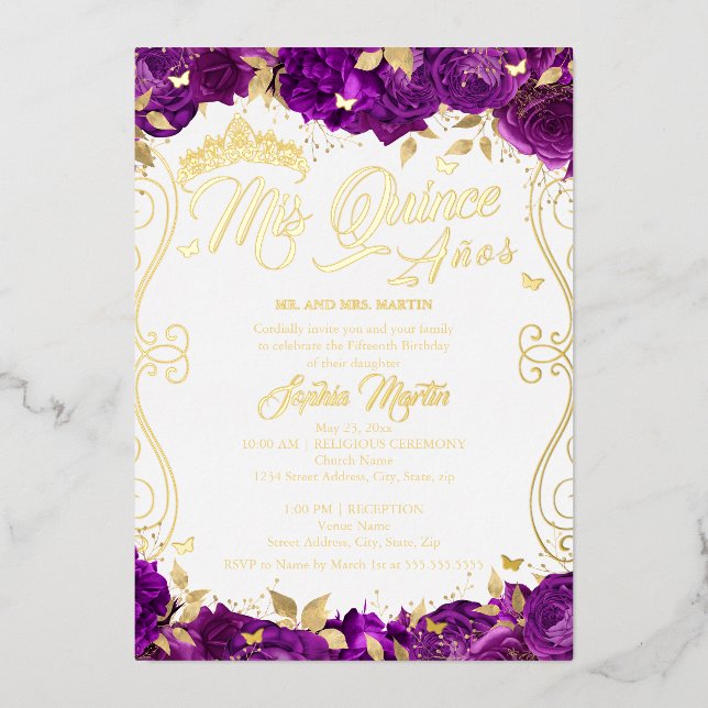 Invitación Con Relieve Metalizado Gold Floral Jardín Purple Mis Quince Quinceanera (Anverso)