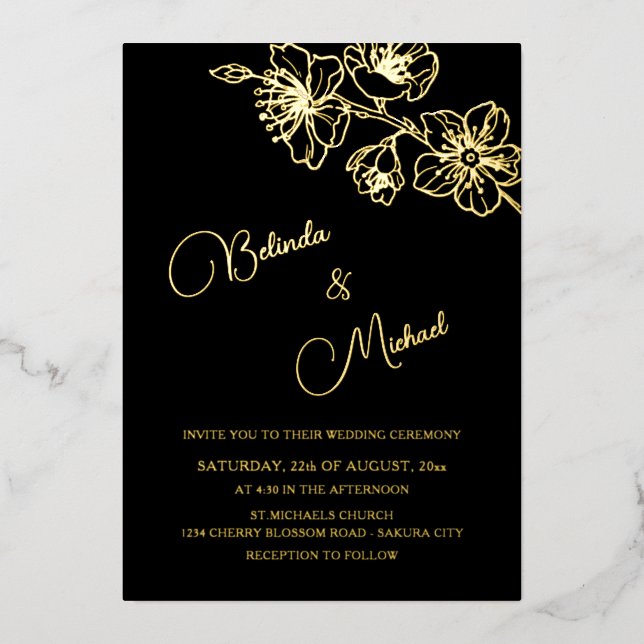 Invitación Con Relieve Metalizado Gold Floral Line Art | Photo Wedding (Anverso)