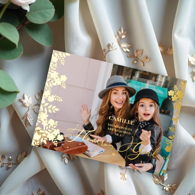 Invitación Con Relieve Metalizado Gold Flower Girl Proposal Botanical Frame Photo (Gold Flower Girl Proposal Botanical Frame Photo Metallic Foil Card with Envelope.)