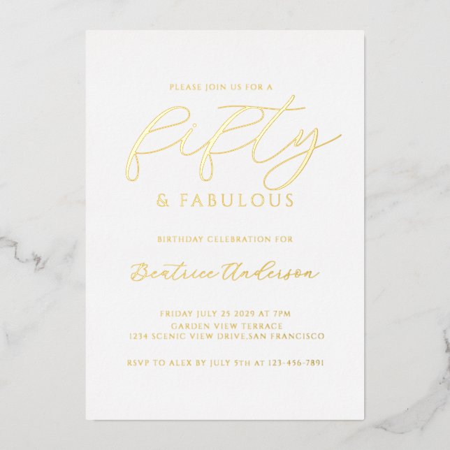 Invitación Con Relieve Metalizado Gold Foil 50 and Fabulous (Anverso)