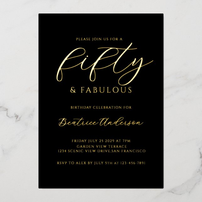 Invitación Con Relieve Metalizado Gold Foil 50 and Fabulous Black (Anverso)