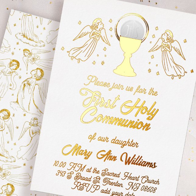 Invitación Con Relieve Metalizado  gold foil angels catholic Host First Communion (Subido por el creador)