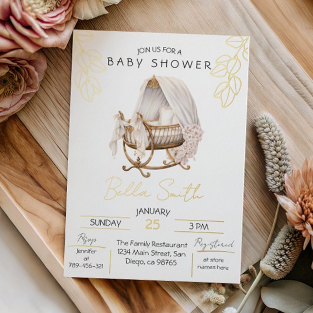 Invitación Con Relieve Metalizado Gold Foil Baby Shower Elegant Script Cradle (Subido por el creador)