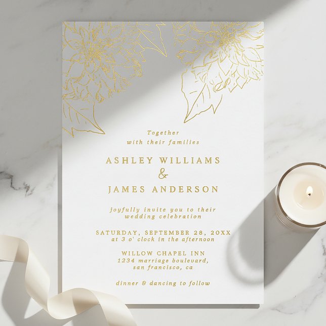 Invitación Con Relieve Metalizado Gold Foil Dahlia Floral Elegant Wedding (Subido por el creador)