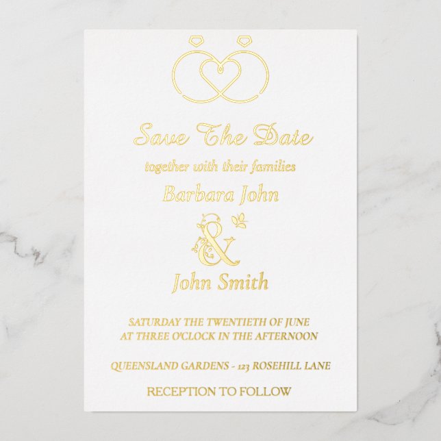 Invitación Con Relieve Metalizado Gold Foil Elegant Rings Wedding Invitation (Anverso)
