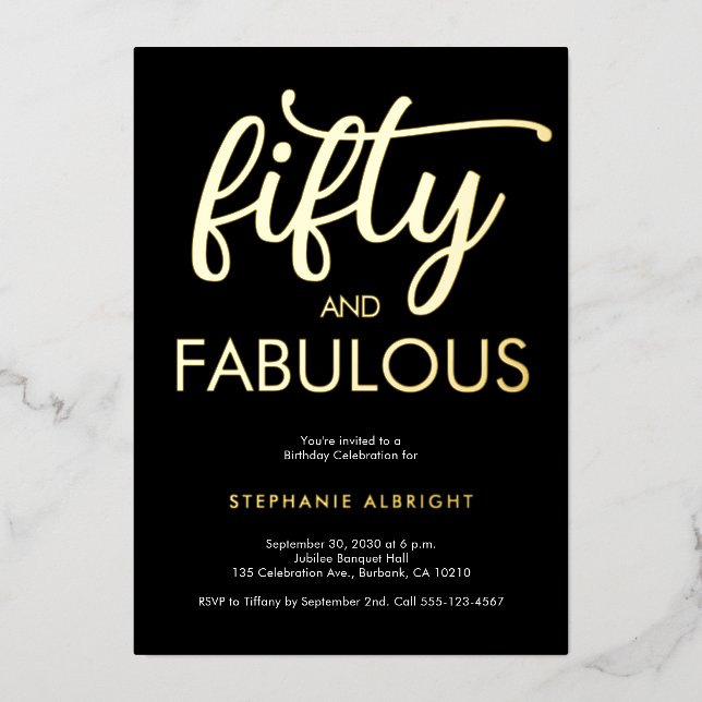 Invitación Con Relieve Metalizado Gold Foil Fifty and Fabulous 50th Birthday Party (Anverso)