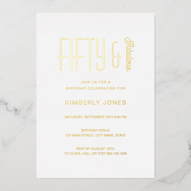 Invitación Con Relieve Metalizado Gold Foil Fifty and Fabulous 50th Birthday Party (Anverso)