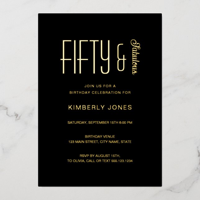 Invitación Con Relieve Metalizado Gold Foil Fifty and Fabulous 50th Birthday Party (Anverso)