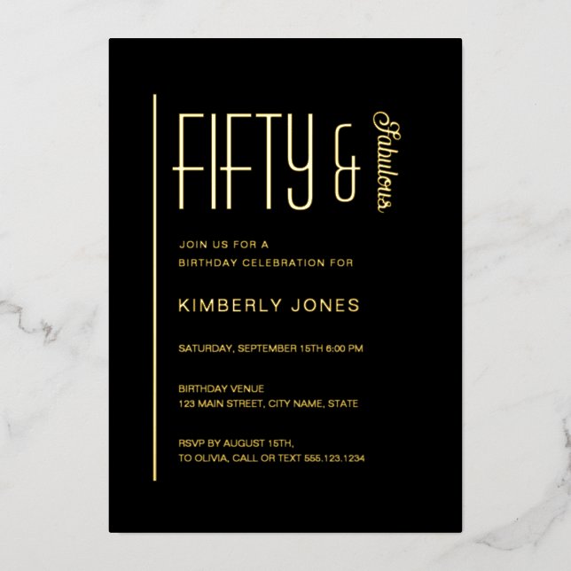 Invitación Con Relieve Metalizado Gold Foil Fifty And Fabulous 50th Birthday Party (Anverso)