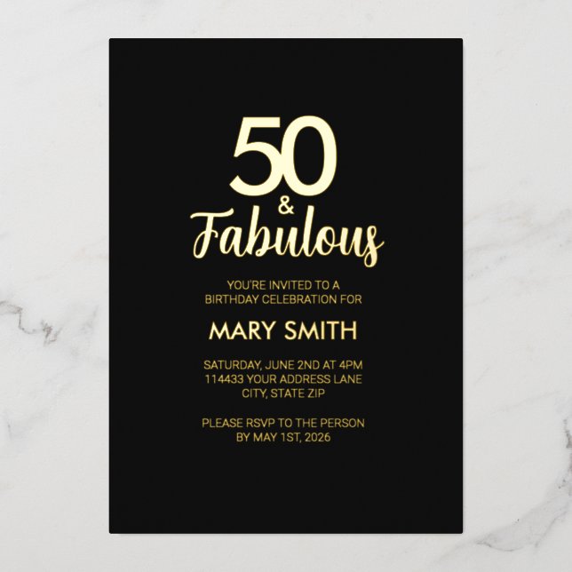 Invitación Con Relieve Metalizado Gold Foil Fifty and Fabulous 50th Birthday Party (Anverso)