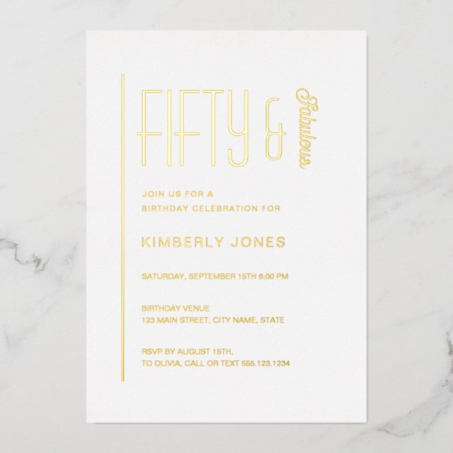 Invitación Con Relieve Metalizado Gold Foil Fifty and Fabulous 50th Birthday Party (Anverso)