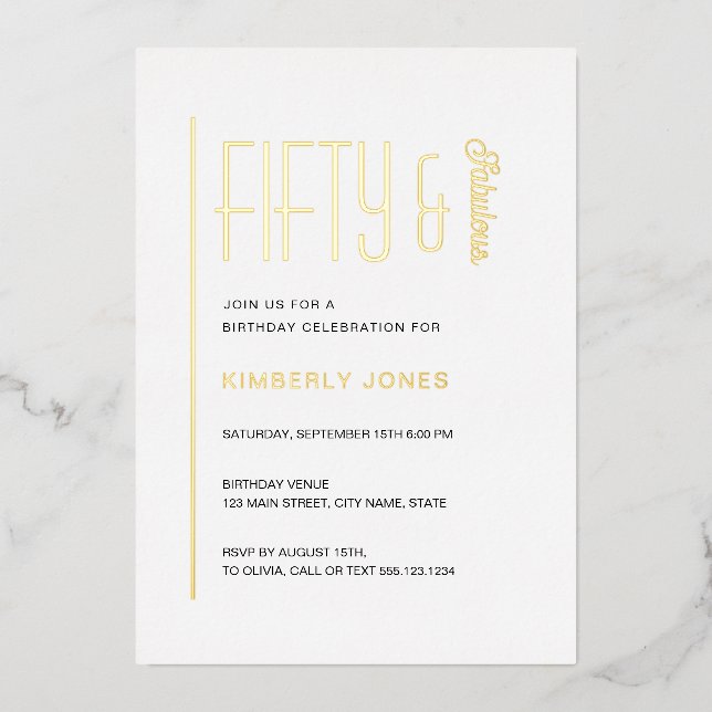 Invitación Con Relieve Metalizado Gold Foil Fifty and Fabulous 50th Birthday Party (Anverso)
