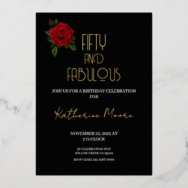 Invitación Con Relieve Metalizado Gold Foil Fifty and Fabulous 50th Birthday Party F (Anverso)