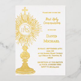 Invitación Con Relieve Metalizado Gold foil monstrance | First Holy Communion