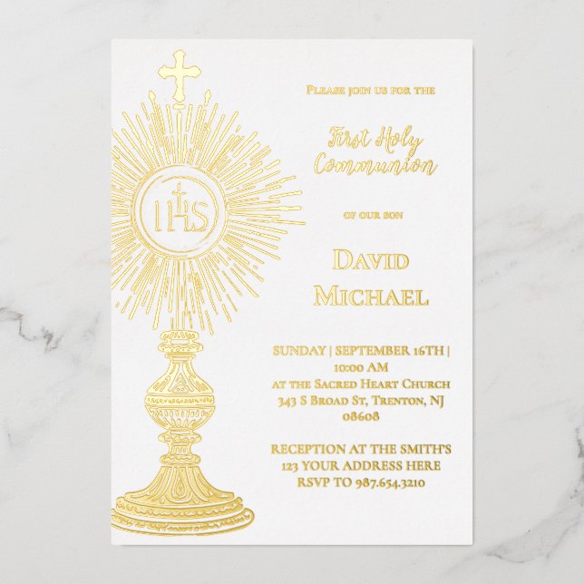 Invitación Con Relieve Metalizado Gold foil monstrance | First Holy Communion (Anverso)