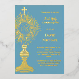 Invitación Con Relieve Metalizado Gold foil monstrance First Holy Communion