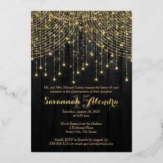 Invitación Con Relieve Metalizado Gold Foil Name - Black, Gold Quinceañera Invite